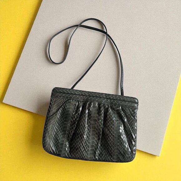 SAKS FIFTH AVENUE Vintage Gray Snakeskin Clutch Shoulder Handbag - Picture 1 of 12